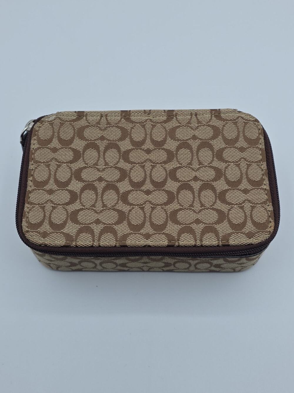 Coach Signature Travel Cosmetic Jewelery Bag Brown Leather Trim Zip Case 6x4 x2